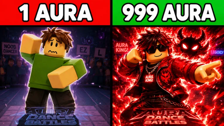 Aura Dance Battles split art labelled 1 AURA and 999 AURA: on the left a plain avatar dabs on a dark stage while the audience holds placards reading NOOB DANCER, EZ and L; on the right a red-lit avatar in sunglasses wears a jacket and chain reading AURA KING