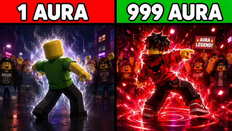 Aura Dance Battles split art labelled 1 AURA and 999 AURA on a wet night street: a purple-lightning avatar beside an audience placard reading NOOB, and a red-lightning avatar in a demon-skull shirt tagged AURA LEGEND